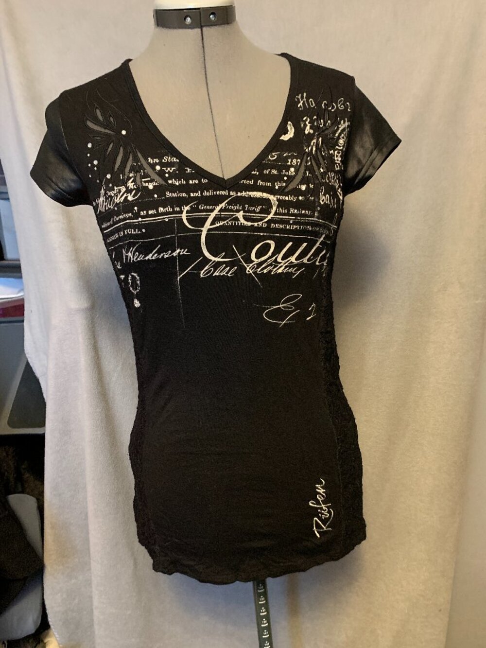 Rufen - Black short sleeve top with crystals, leather,and lace detail - Size M